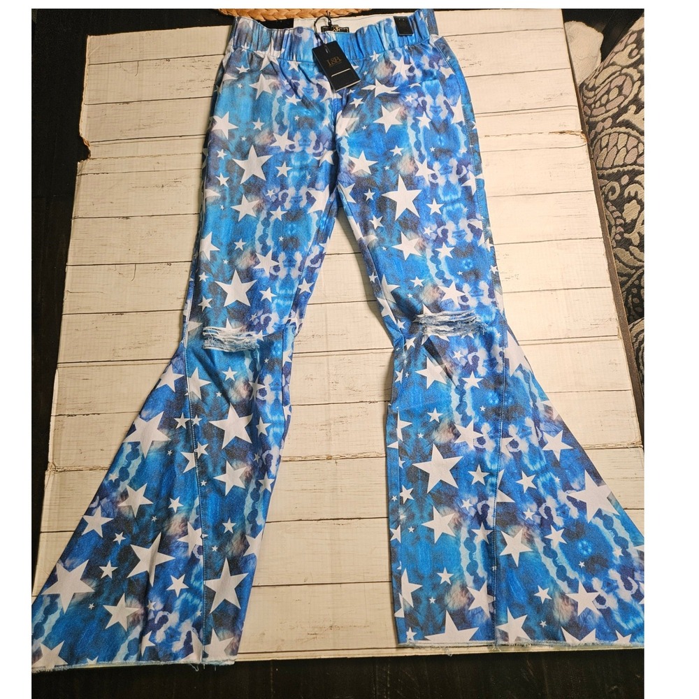 Lucky & Blessed Blue Star Tie Dye Distressed Bell Bottom Flare Pants Large F0649